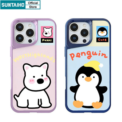Ốp điện thoại Suntaiho Thẩm mỹ Playful Puppy và Penguin Pattern IDM Vỏ chống sốc cao cấp cứng cho iPhone 11 12 13 14 15 16 Pro Max IP