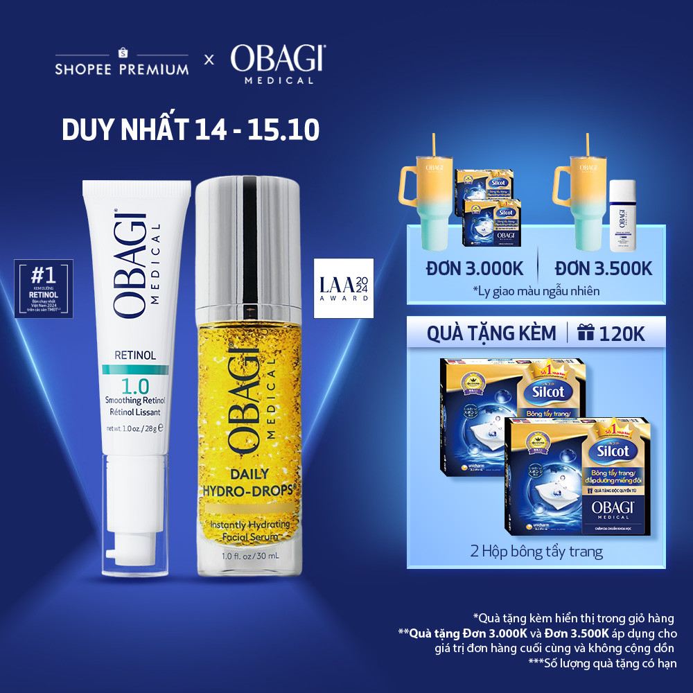 Bộ đôi Obagi Trẻ hóa tinh chất Retinol 1.0 và Serum Vitamin B3 Cấp Nước Dưỡng Ẩm Phục Hồi Da Daily Hydro-Drops 30ml