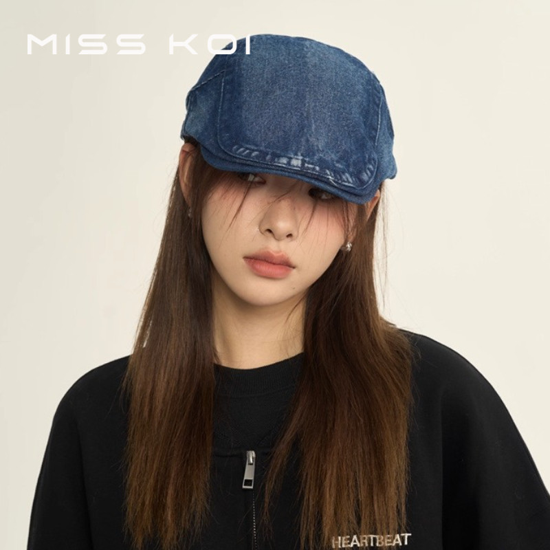 MISSKOI Denim Mũ Phong Cách Mới Nữ Phía Trước Mũ Phong Cách Mùa Đông Xuất Hiện Mặt Nhỏ Mùa Đông Họa 