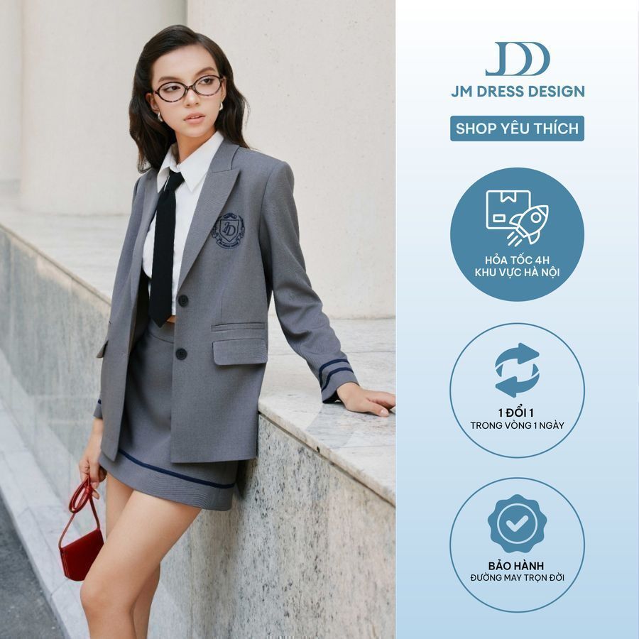 Sét áo blazer dáng suông ve mèo 5B07.2408K, Chân váy đè dây gấu A 4S27.2408K thiết kế bởi JM Dress D