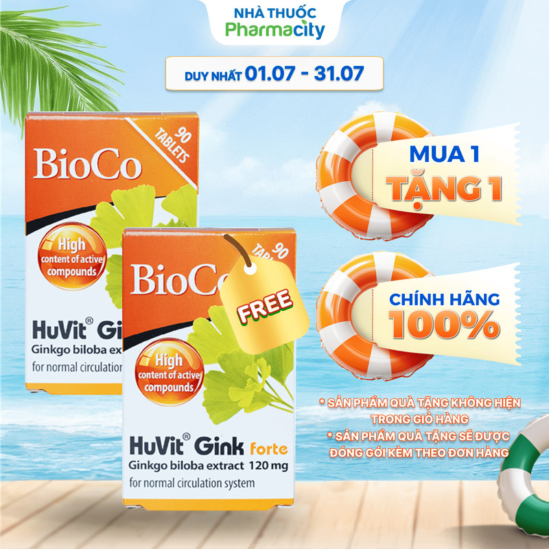 Thực phẩm bảo vệ sức khỏe Bioco Huvit Gink Forte Hỗ trợ tăng cường tuần hoàn máu não (Hộp 90 viên)