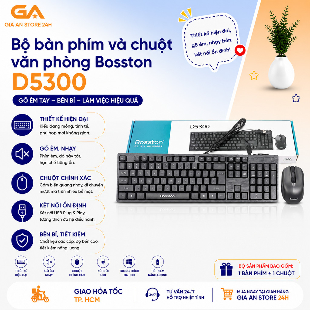 Combo bàn phím kèm chuột văn phòng Bosston D5300 BH 1 tháng