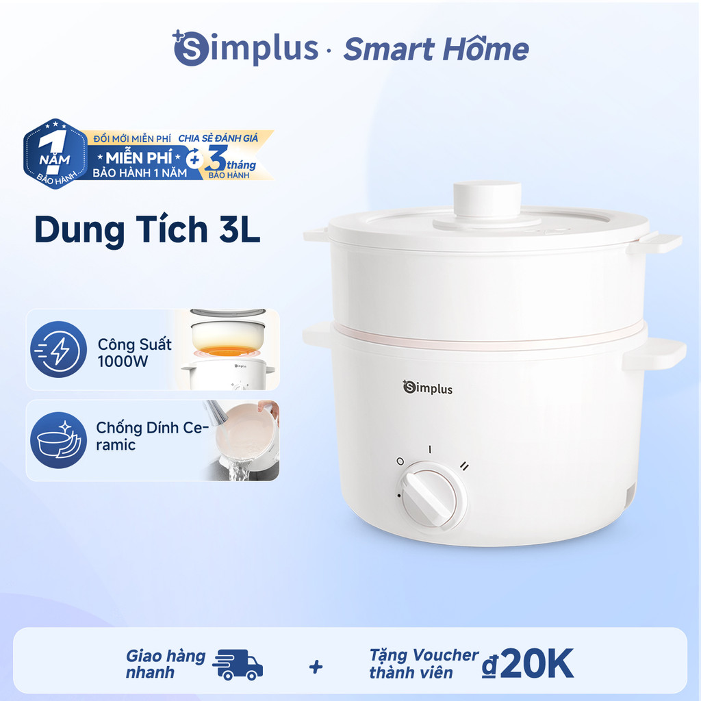 Nồi lẩu điện Simplus Dung tích lớn 1.8L Lớp phủ gốm chống dính chứa titan Xửng hấp thép không gỉ / P