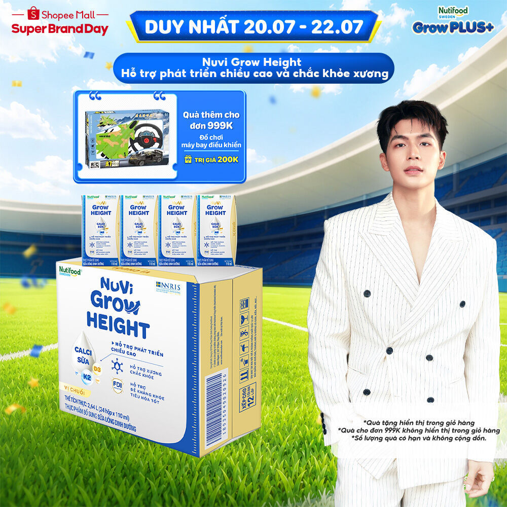 Thùng 24 hộp SBPS Nuvi Grow Height vị chuối 1+ hỗ trợ phát triển chiều cao hộp 110ml