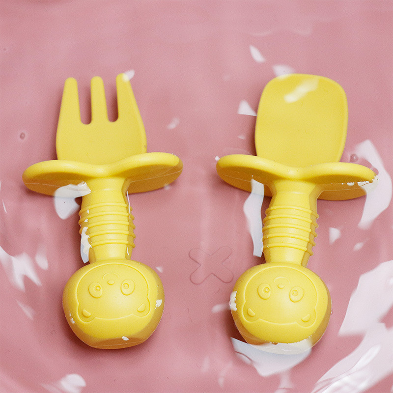 Preferred#Baby silicone licking fork and spoon, baby training eating fork and spoon, short-handled l
