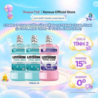 SVIP_[MUA 3 TÍNH TIỀN 2] Combo 3 Chai Nước Súc Miệng Listerine 750ml/chai (2 Cool Mint Zero +1 Total Care Zero)