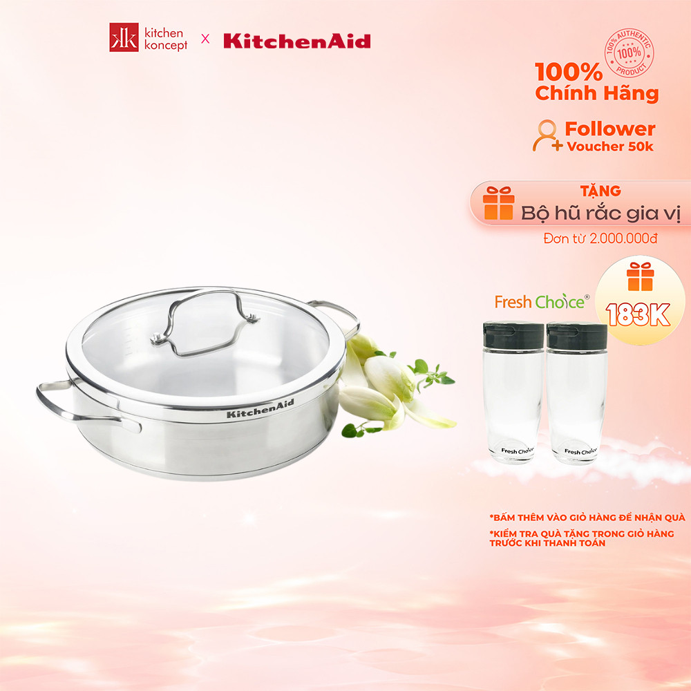 Nồi lẩu inox bếp từ Kitchenaid 26cm có nắp có thể kết hợp kèm xửng hấp
