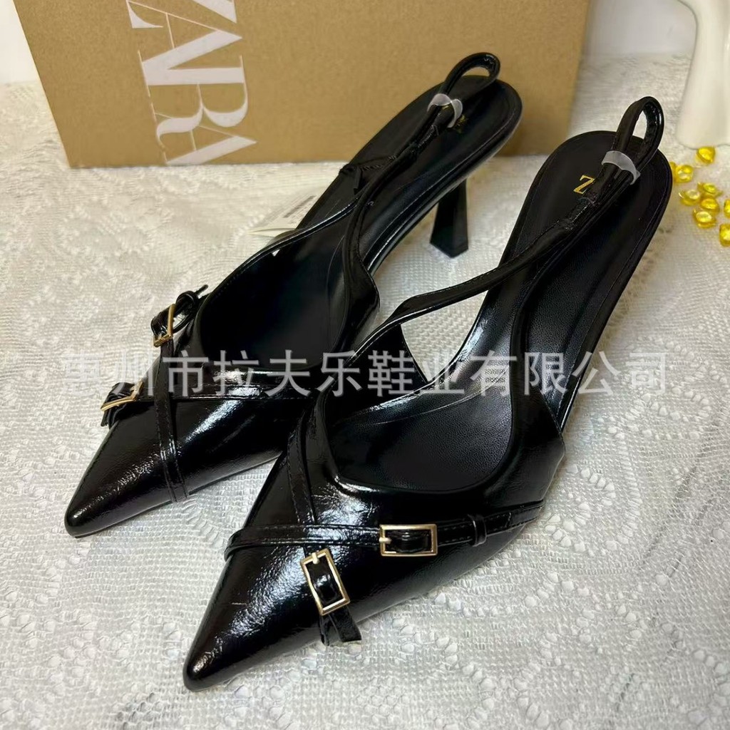 ZARA Spring new style pointed toe shallow back strap women's shoes, black buckle stiletto heel mule 
