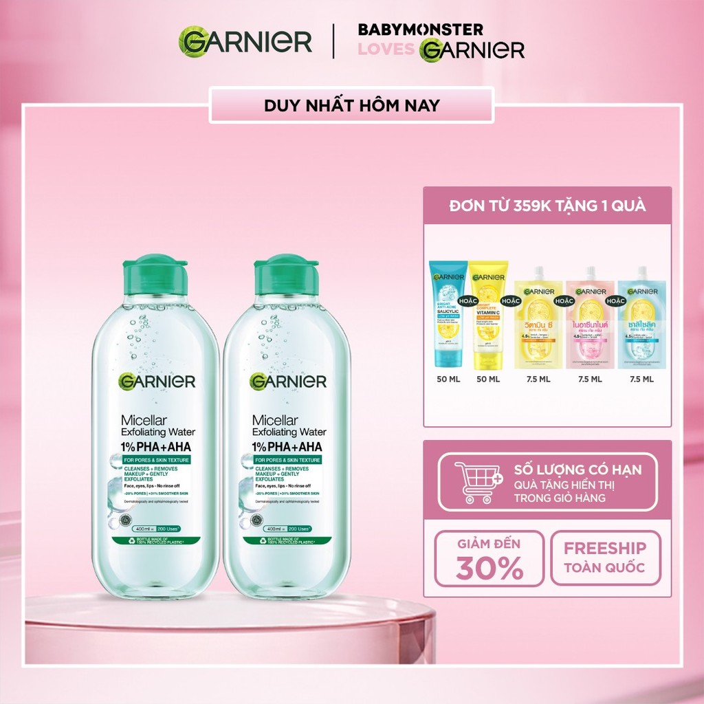Bộ 2 nước Tẩy Trang sạch sâu & làm sạch tế bào da chết - Garnier Micellar Exfolliating Water 400mlX2