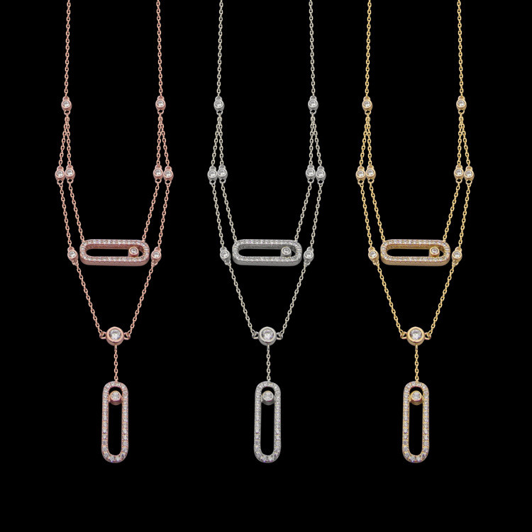 T3JM Diamond Necklace with Sliding Design for Women, Double Layered Diamond Necklace