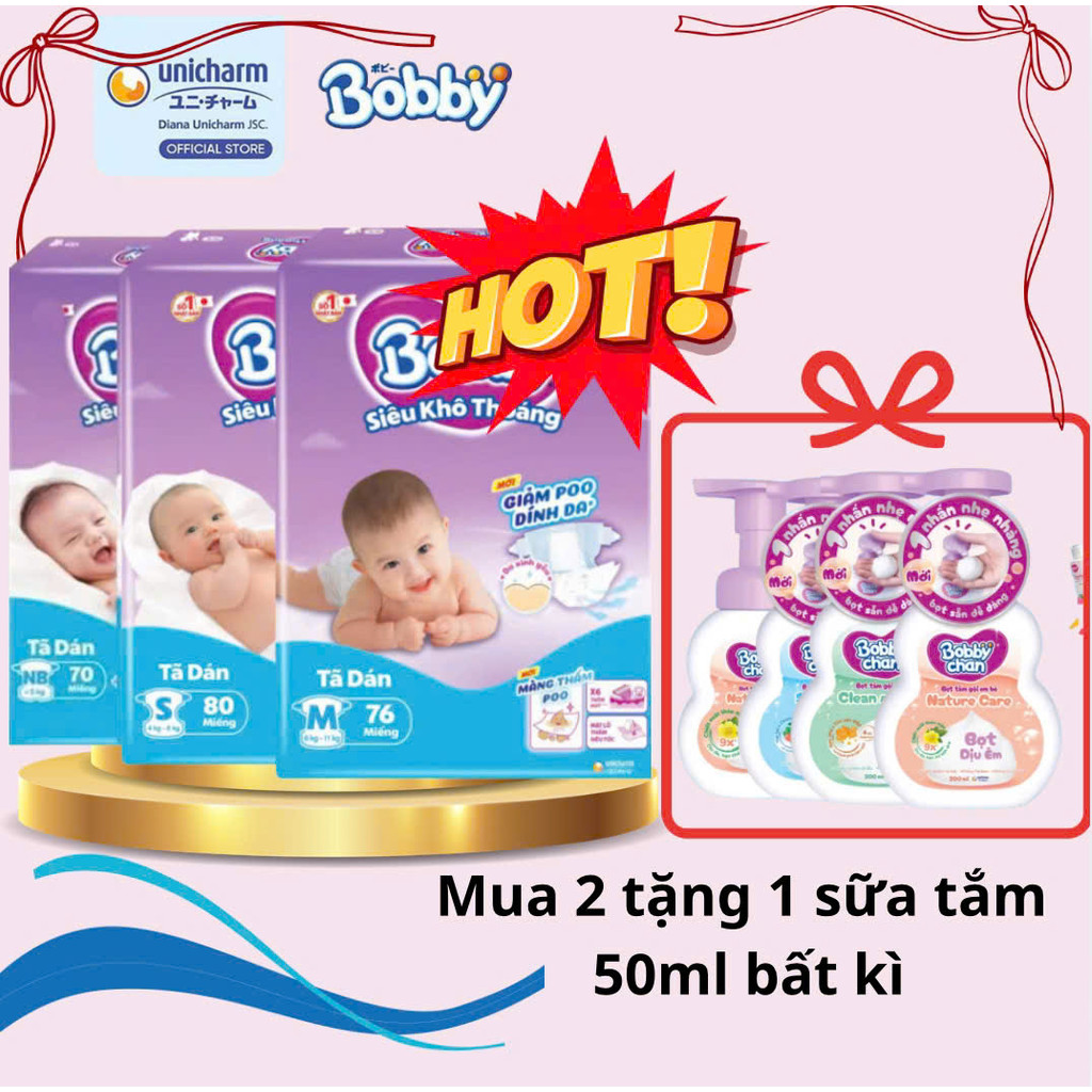 Tã/bỉm DÁN BOBBY lõi nén (XS70)NB70/S80/M76/L68 Quần mở một bên NB70+6/S80 mới Quà tặng không hiển t