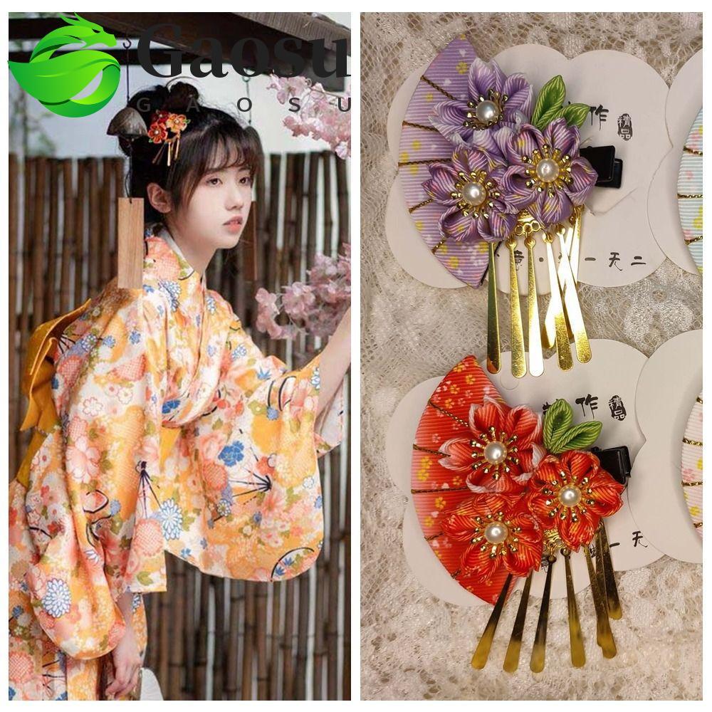 Gaosu GAOSU Mũ nón kimono Nhật Bản, Vải Sakura Tua Rua Fan Kẹp tóc, Kẹp tóc phong cách cổ xưa đáng y