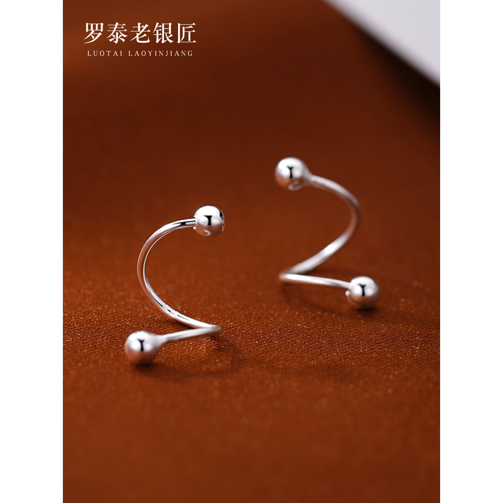 Luotai Old Silversmith 990 Sterling Bạc Tròn Hạt Hình Chữ S Xoắn Ốc Bông Tai Nữ Cao Cấp Cảm Giác Tai