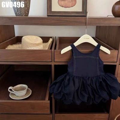 Váy bé gái MINTSCLOSET xanh navy phối chỉ nổi chân voan phồng xếp múi GV0496