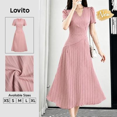 (New Arrival) Lovito Váy nữ màu hồng xuân hè bất đối xứng xếp ly thiết kế thanh lịch DRK8P2D433