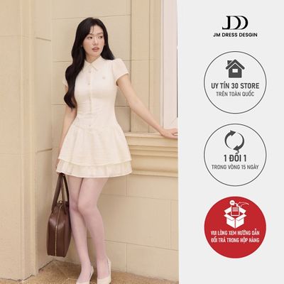Đầm Xuân Hè Cổ Đức, Nhún Chân 2 Tầng 1S17.2602, Đầm Mini Dáng Ôm Nhẹ Phối Cổ Sơ Mi Chân Váy Xếp Tầng Bồng Nhẹ By JM