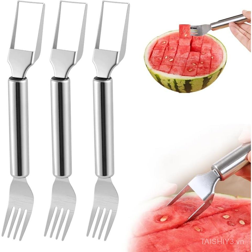 2-in-1 Stainless Steel Fruit Cutter, Watermelon Slicer and Fork Dual Head Tool for Cubes, Portable F