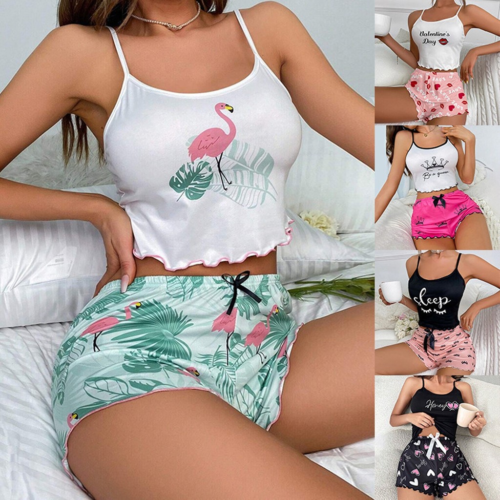 TikTok Bán Chạy Châu Âu Mỹ Phong Cách Flamingo Suspenders Quần Short Bộ Đồ Ngủ Nữ Mùa Hè Mỏng Phong 