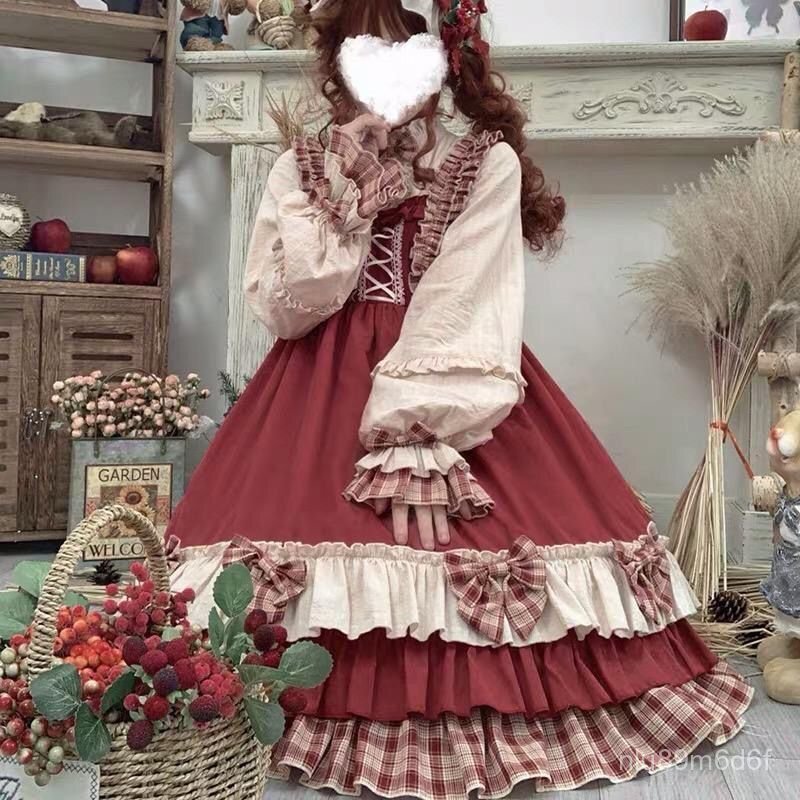 Váy đầm Lolita ngoại cỡ dài tay cô bé quàng khăn đỏ áo choàng tiểu thư ngọt ngào cho mùa thu đông gi