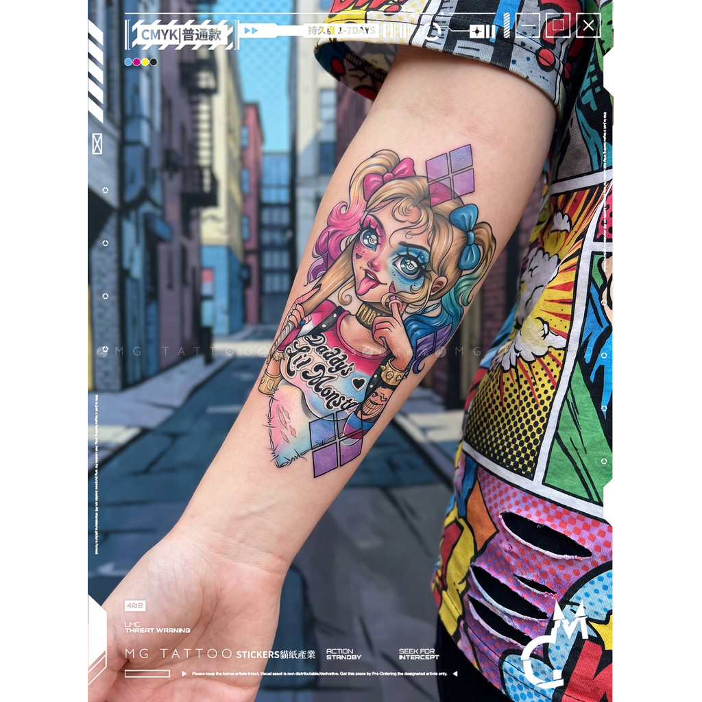 MG xăm Harley Quinn Harley Quinn Harley Quinn DC American oldschool Nhiều màu sắc Retro Cánh tay hoa