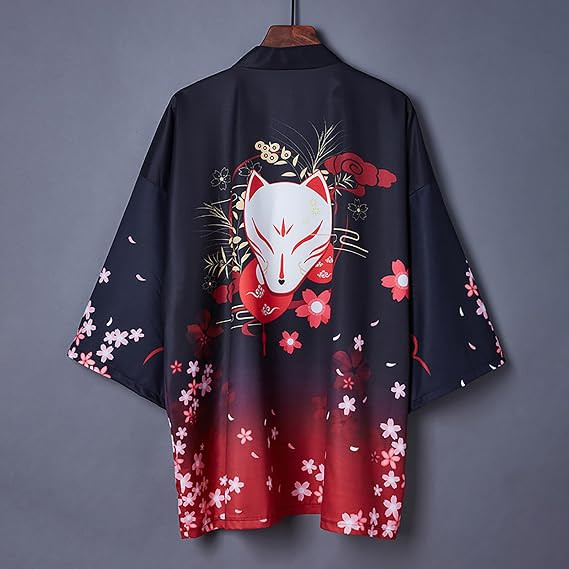 Nhật Bản Kitsune Fox ‐ Mask Haori Kimono Áo len hở trước, Áo khoác ngoài phong cách đường phố thông 