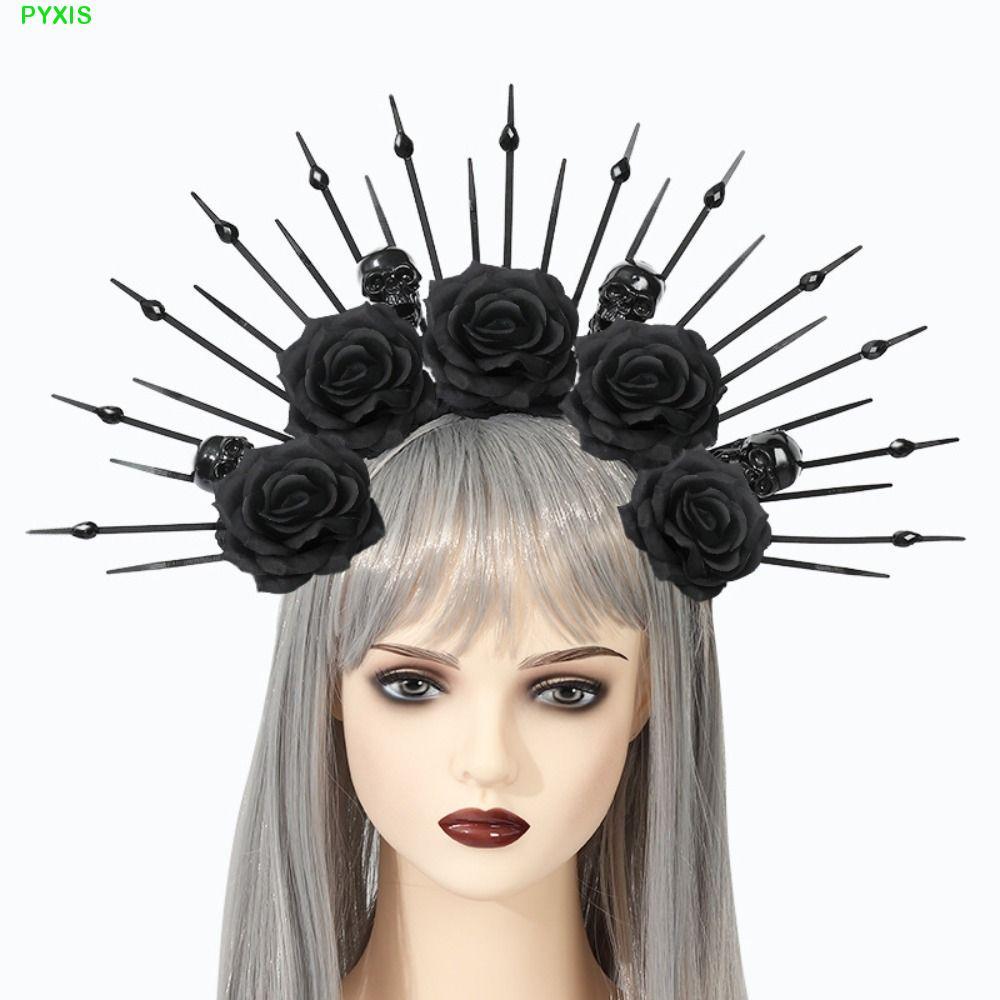 PYXIS Halloween Skull Hair Hoops, Black Rose Gothic Queen Skull Rose Veil Headband, Newly Plastic Sk