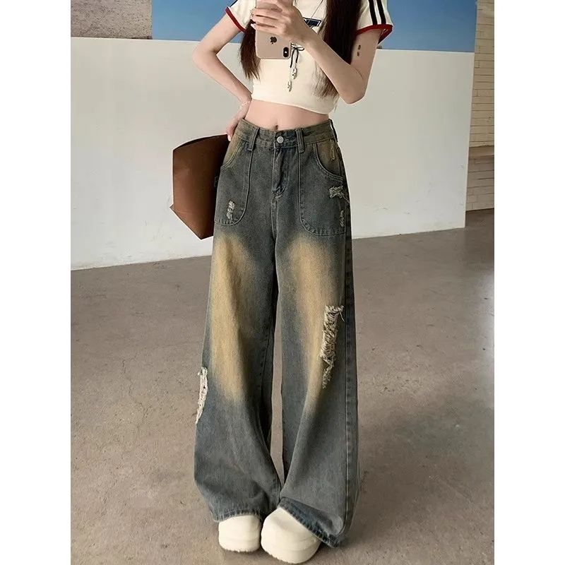 [Sẵn sàng] American Hot Girl Retro Washed Ripped Wide-Leg Jeans Nữ Mùa Hè Phong Cách Mới Cao Cấp Rời