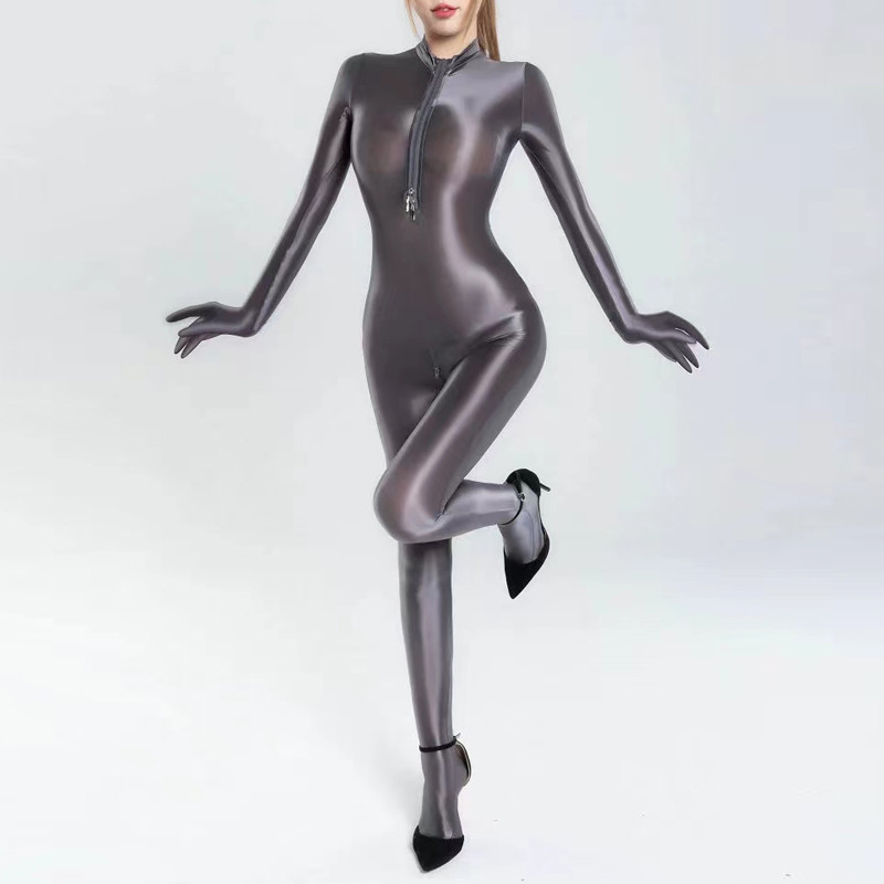 Pet Your Cat: Oily Smooth Double-Headed Zipper Open Jumpsuit Che chân Bao tay Độ đàn hồi cao Bộ áo l