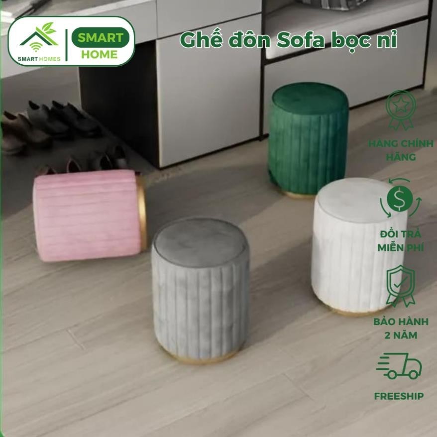 Ghế đôn sofa SMARTHOMES bọc nỉ nhung, ghế đôn sofa tròn, ghế đôn bàn trang điểm chân sắt phun sơn