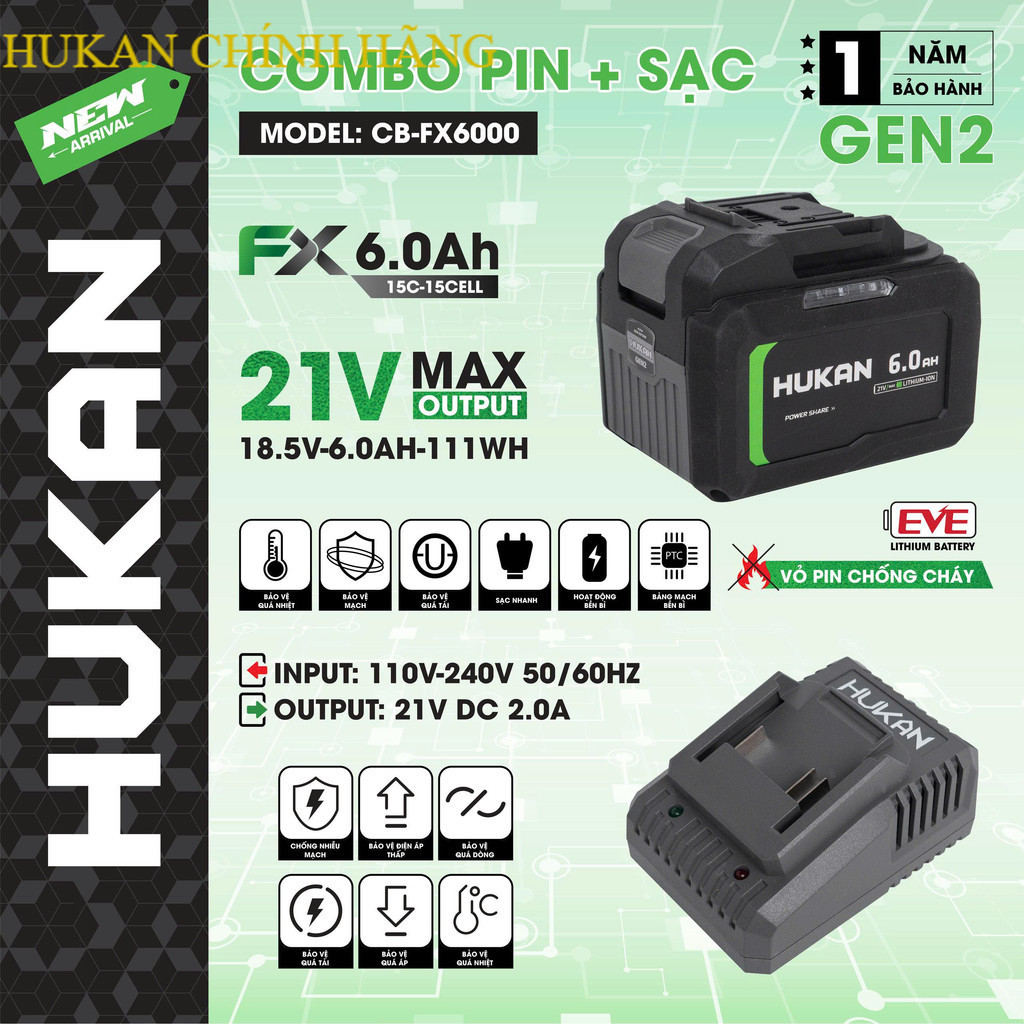 Pin Máy Khoan 15cell - Dòng xã cao  HUKAN CB- FX6000  , Dung Lượng 6Ah HUKAN CHÍNH HÃNG