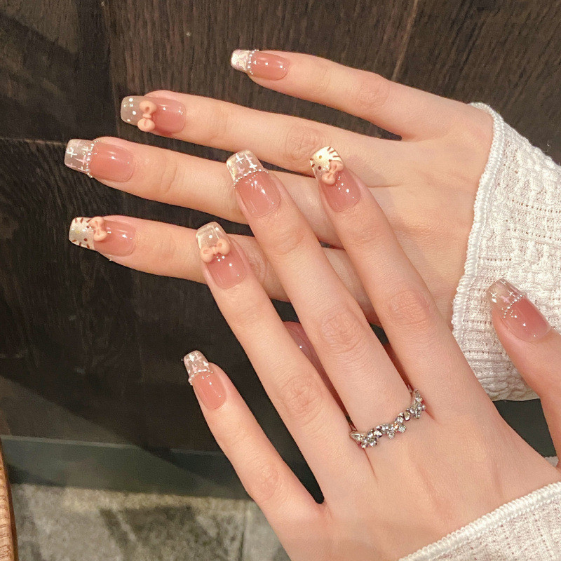 [Handmade Press On Nails Móng Tay Giả] Mèo Sweetheart Blush Pháp Mắt Mèo Hồng Dễ Thương Nơ Ngọt Ngào