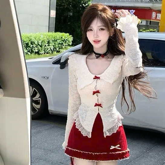 Set Áo Ren Đính Nơ Kèm Chân Váy Đỏ Hàng Loại 1, Set Đồ Nữ Đi Chơi 3 Món Sang Chảnh