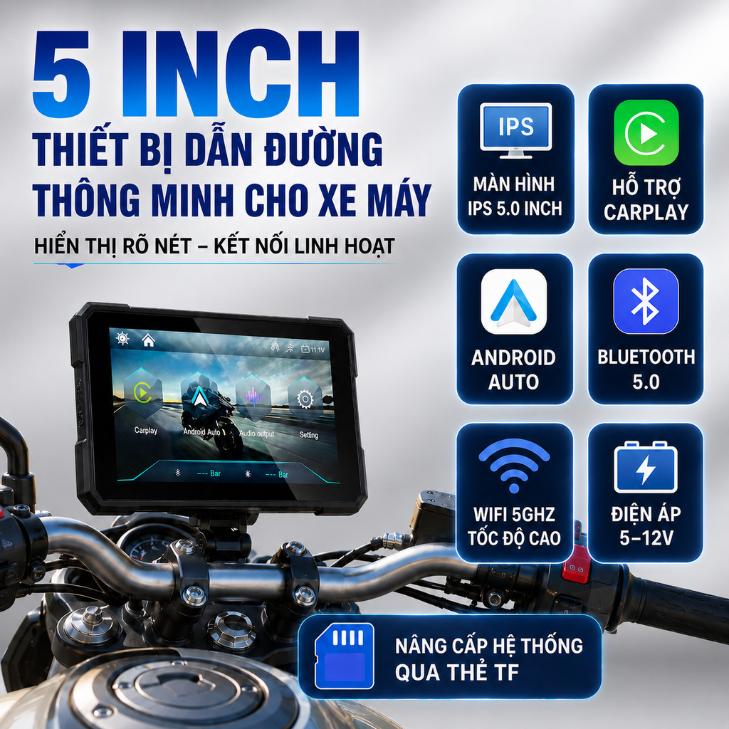 Màn hình dẫn đường 5 inch, màn hình CarPlay, màn hình Android Auto, màn hình xe máy Bluetooth TPMS c