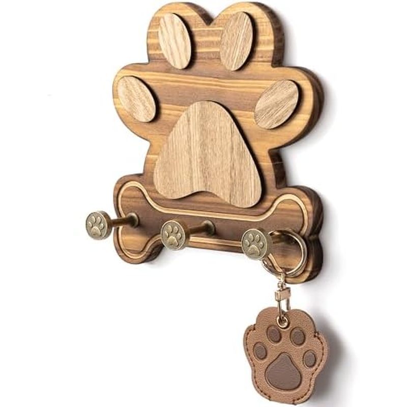 MTERSN Pine Wood Dog Leash Holder for Wall – Cute Hooks for Dog Leash Hanger & Key Holder for Entryw