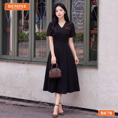 Đầm thiết kế BEMINE cổ thủy thủ phối viền dáng chữ A phù hợp đi làm-B678