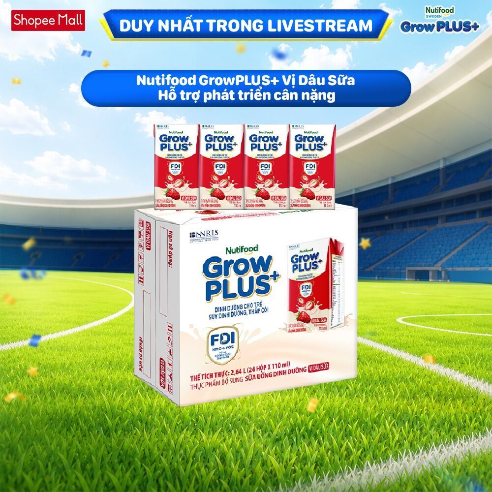 [LIVESTREAM KOL] Thùng 24 hộp Sữa bột pha sẵn Nutifood GrowPLUS+ Vị Trái Cây hộp 110ml (24 hộp x 110