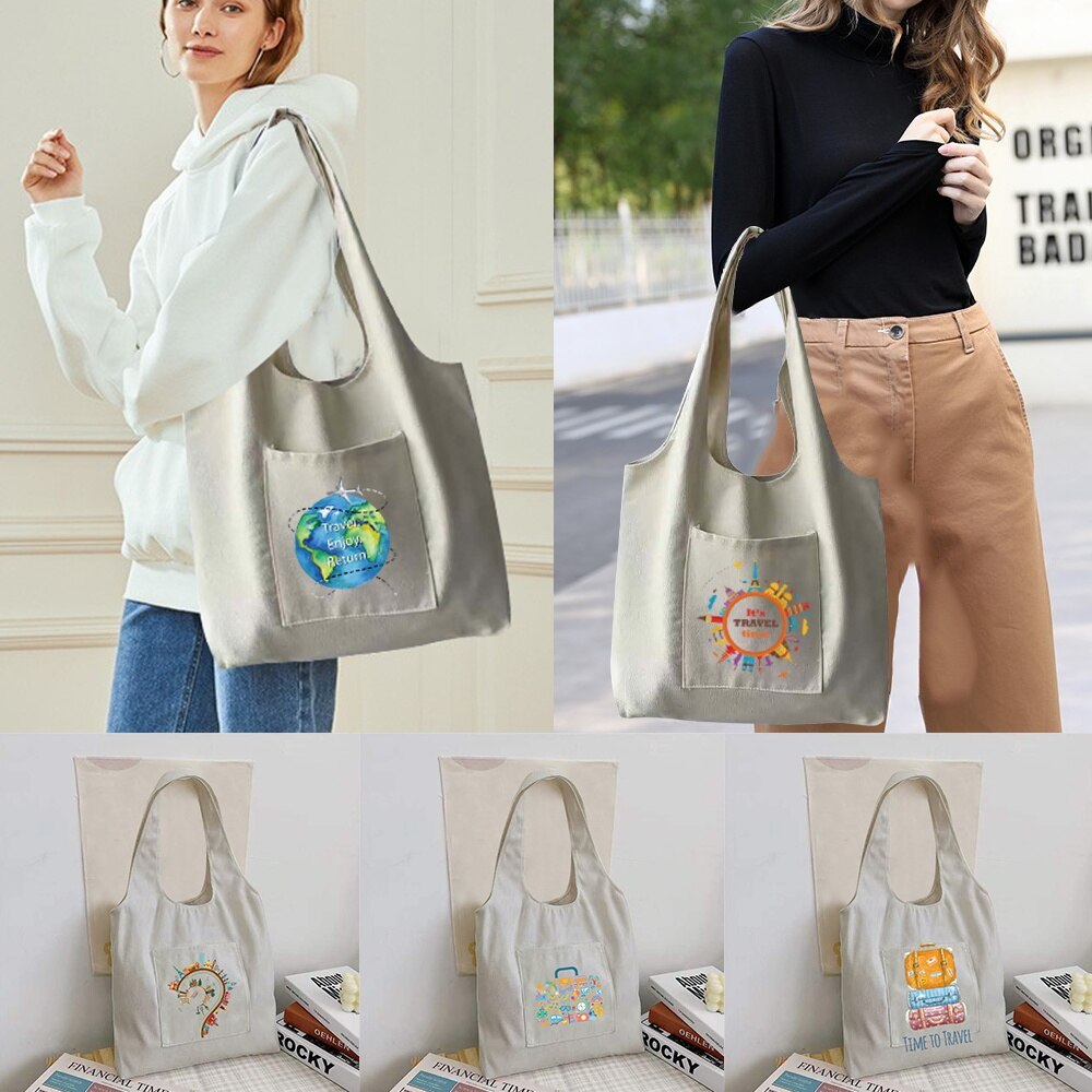 Women Shopper  Bag Canvas Tote Bag Fashion Travel Print  Reusable Supermarket Tote Shopping Bag Casu