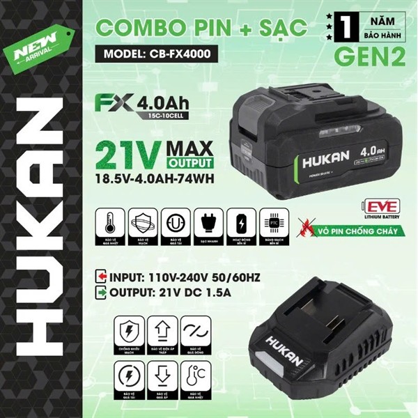 Combo 1 pin G2-FX4000 1 sạc G2-ADT1515 hiệu HUKAN