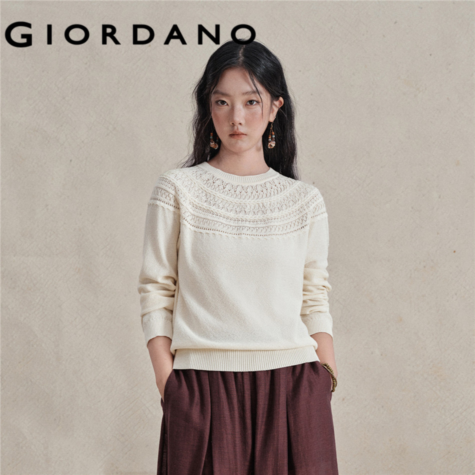 GIORDANO WOMEN cotton eyelet jacquard crewneck sweater 18356219
