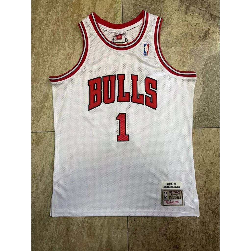 Mitchell & Ness Chicago Bull No. 1 Hoa Hồng 08-09 Lưới Retro Trắng Dense Thêu Áo Bóng Rổ Jersey Jers