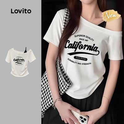 (New Arrival) Lovito Áo thun thường ngày giả 2 trong 1 họa tiết phối màu áo phông trắng mùa xuân/hè cho nữ L198ED261