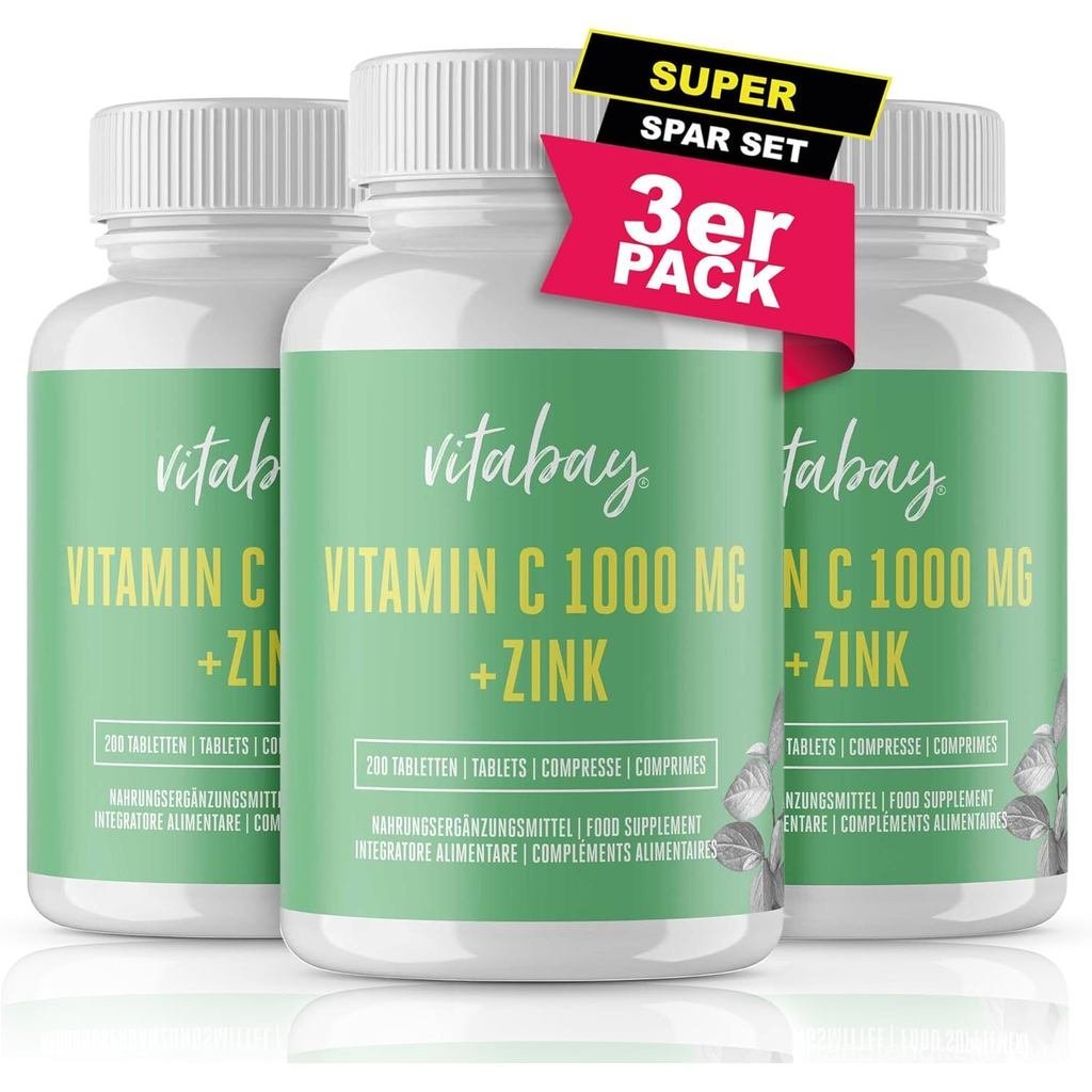 Vitabay Vitamin C Zink Tabletten 600 Vegane Tabletten 1000mg 3er Set - Vitamin C hochdosiert Zink ho