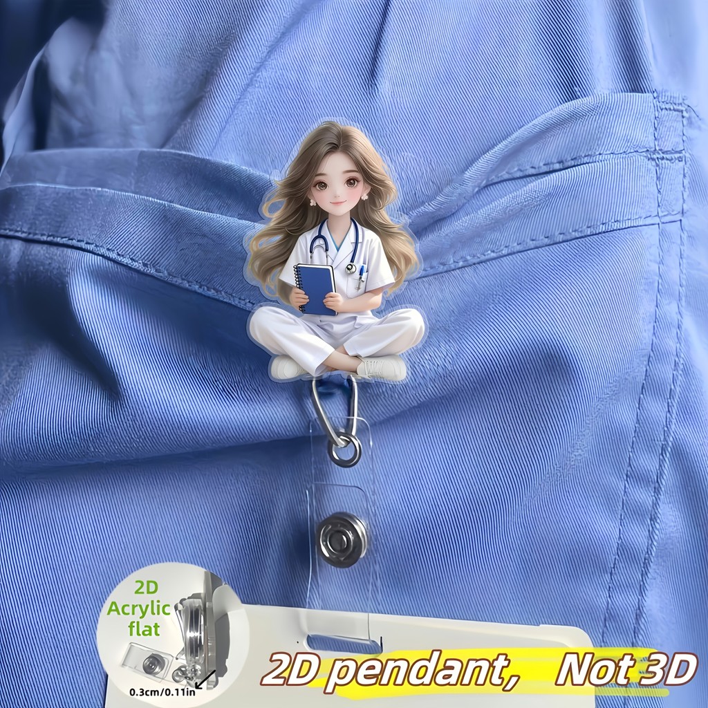 2D 2D Flat Girl Holding a Book 2D Acrylic Retractable Badge Reel Holder for Nurse, Nursing Name Bad