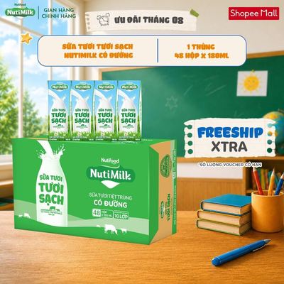 Thùng 48 Hộp Sữa Tươi Tươi Sạch NutiMilk Có Đường 180ml