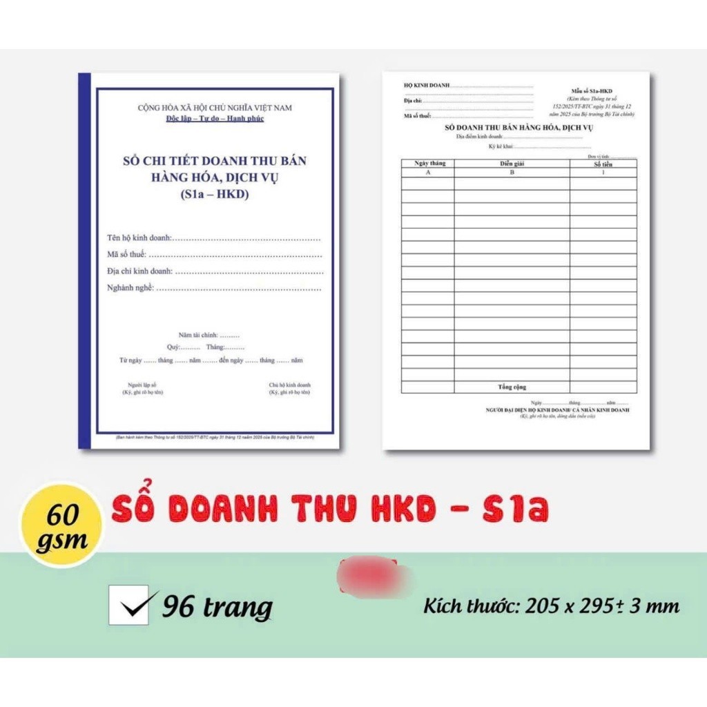 Sổ Chi Tiết Doanh Thu Bán Hàng Hóa S1A-S2A Cho Hộ KD Theo Thông Tư 152 kt  - 96 trang  | [Minh Hiền 