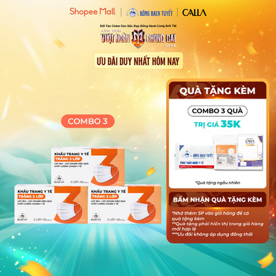 Combo 3 Hộp Khẩu trang Bông Bạch Tuyết 3 lớp trắng (50 cái/hộp)