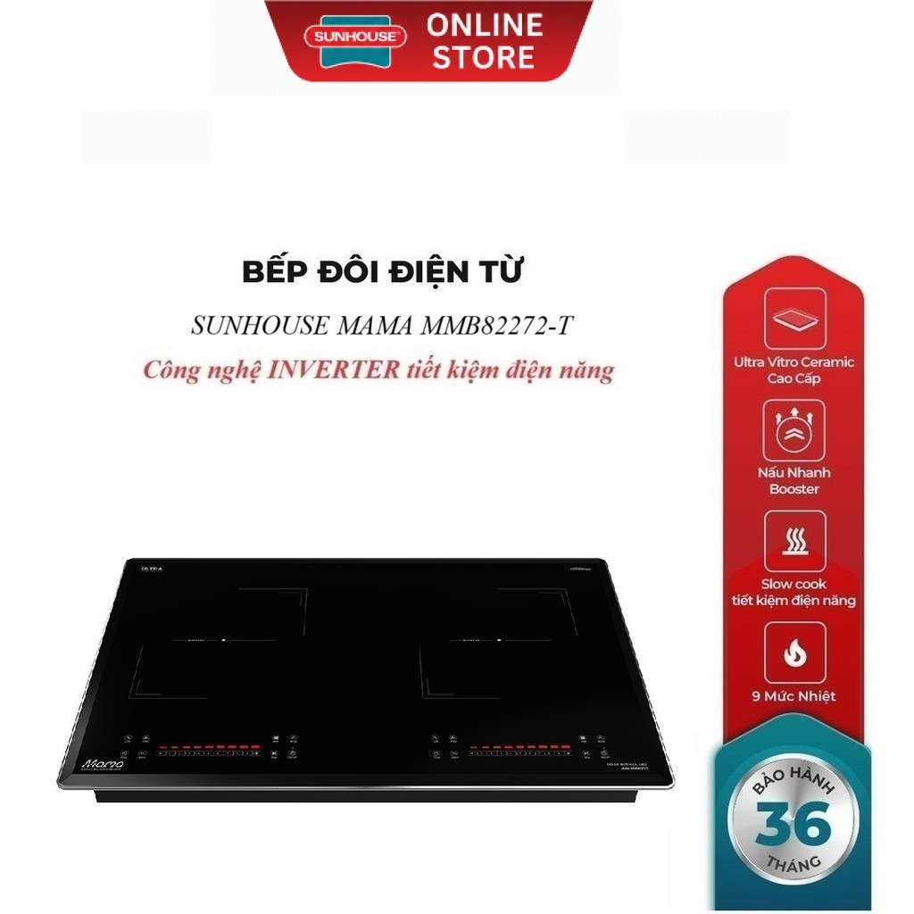 BẾP ĐÔI ĐIỆN TỪ SUNHOUSE MAMA MMB82272-T , Booster nấu nhanh - 9 mức chỉnh, có tính năng slow cook, 