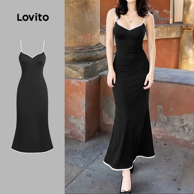 (New Arrival) Lovito Đầm đen đơn giản mùa Xuân/Hè đường may tương phản dành cho nữ LK7AD271