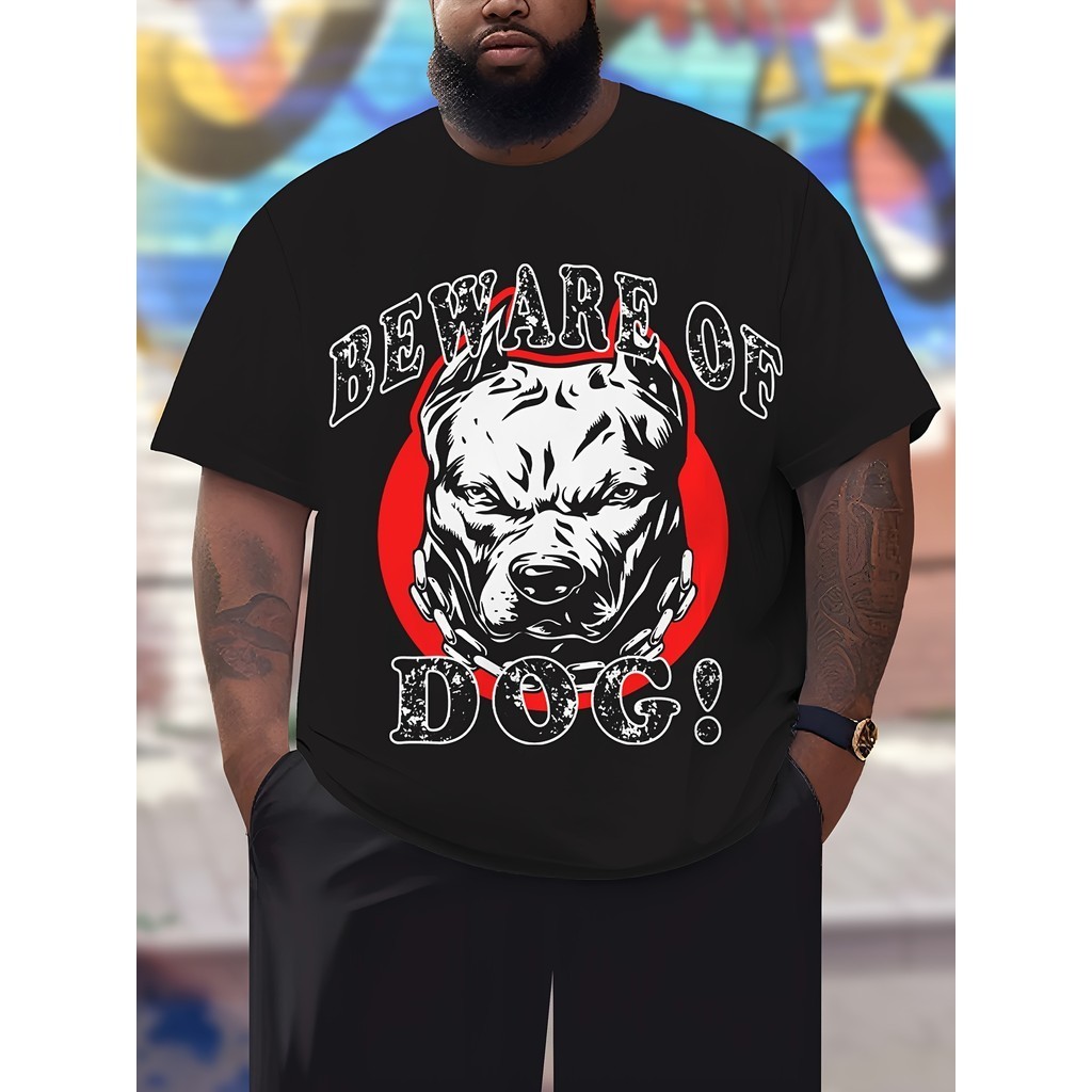 Áo thun nam Plus Size "Beware of Dog" - Đen, giản dị phong cách đường phố ngắn