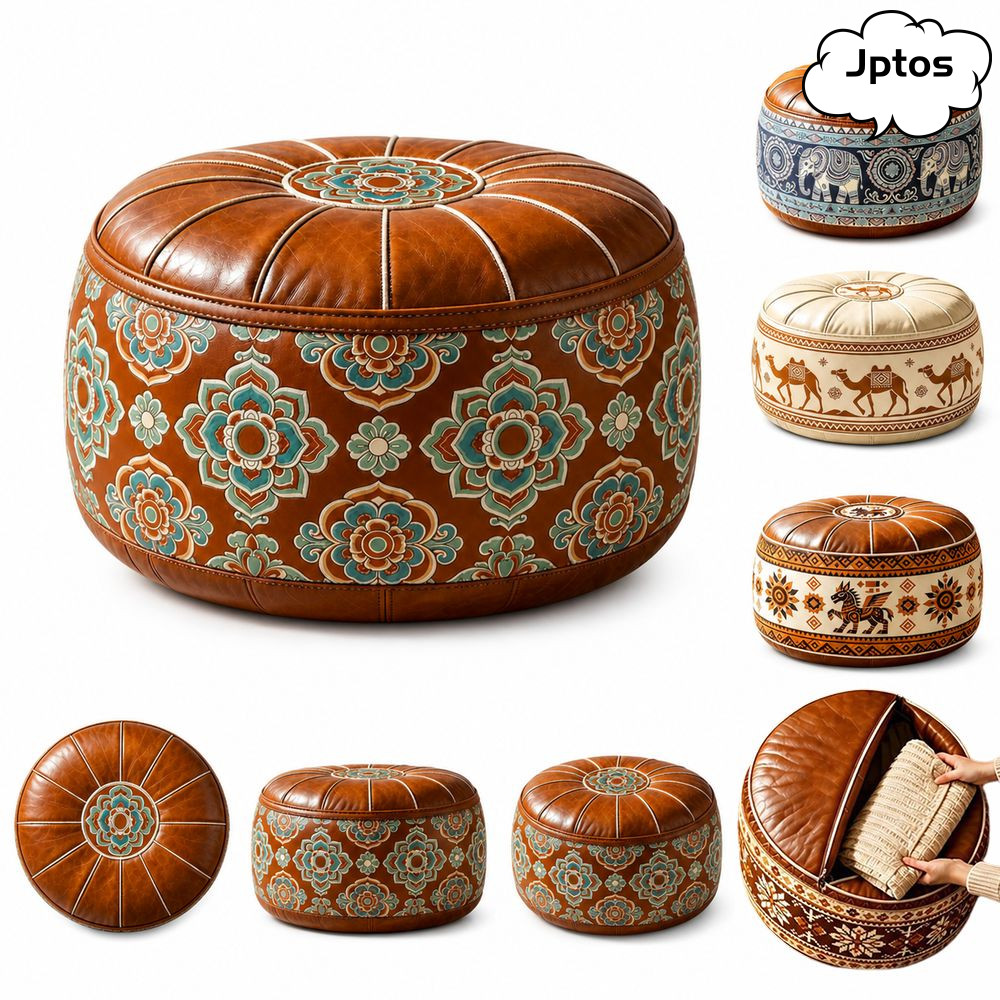JPTOS Storage Ottoman, Họa Tiết Thêu Hình Tròn Có Thể Lấp Đầy Ottoman Pouf, Phong Cách Ma-rốc Da PU 